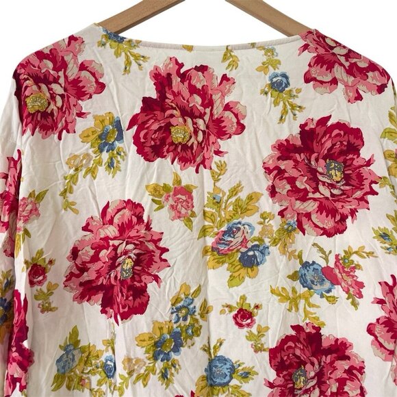 J Jill Petite L Cottage Floral Tunic Boho Boxy Blouse 3/4 Sleeve Lace Trim Rayon - Picture 7 of 16